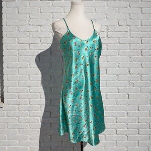 Vintage Teal Satin Floral Slip Dress | Y2K Fairycore Mini | Spaghetti Strap L/Xl